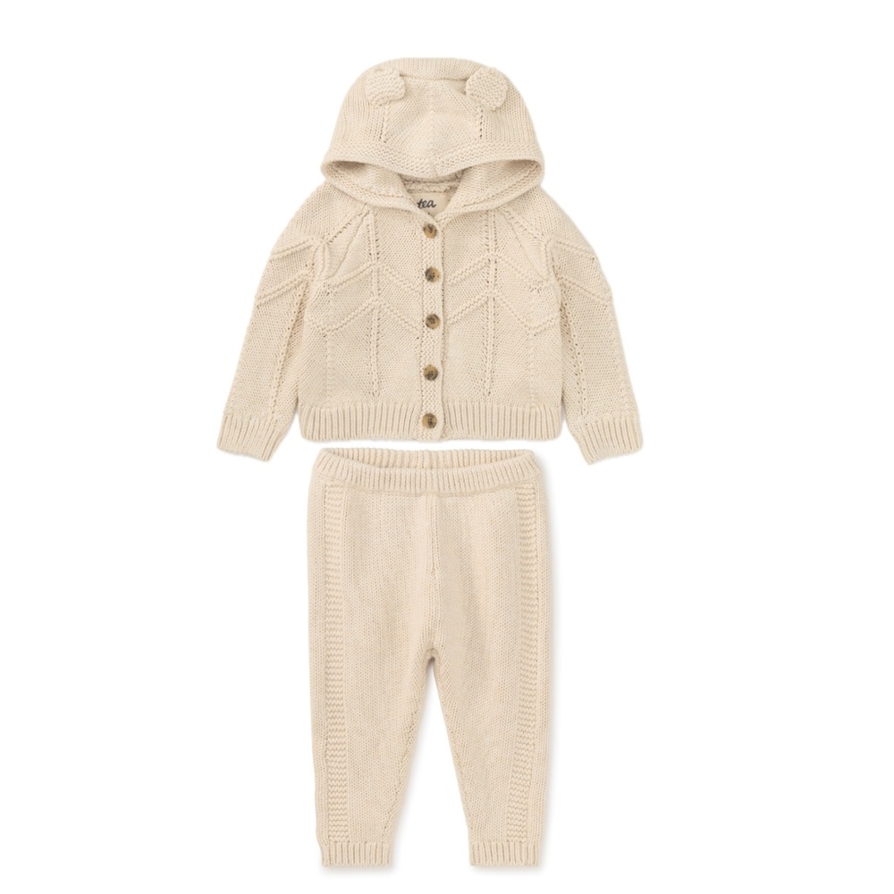 NWT Tea Collection Oatmeal Sweater Set, Pants & Cardigan w/ Ears, 6-9M